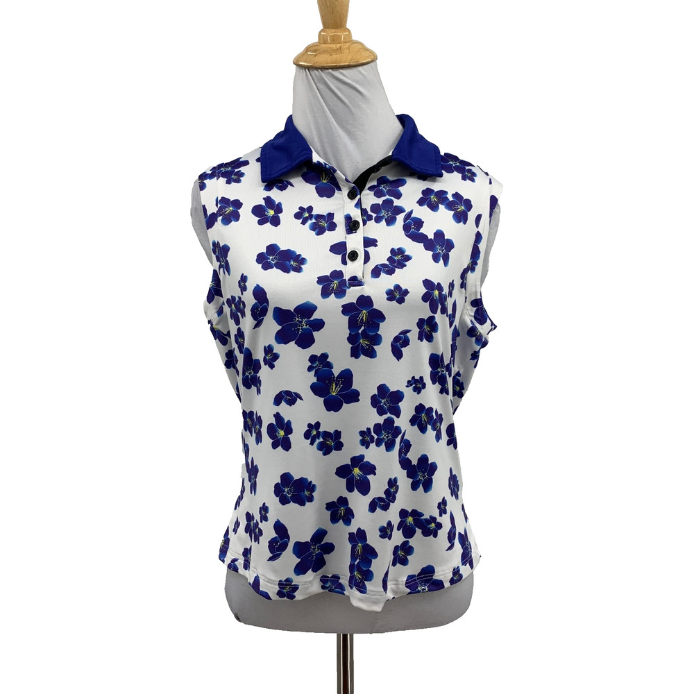 GGblue Polo Top Womens S Small White Prussian Luxe Sport Sleeveless Floral Motif